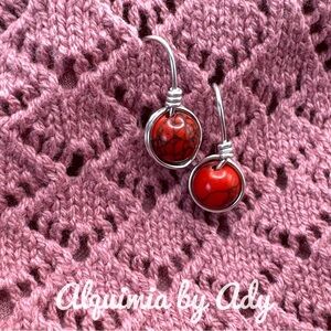 RED TURQUOISE AND SILVER BALL DROPS EARRINGS BIG 10mm